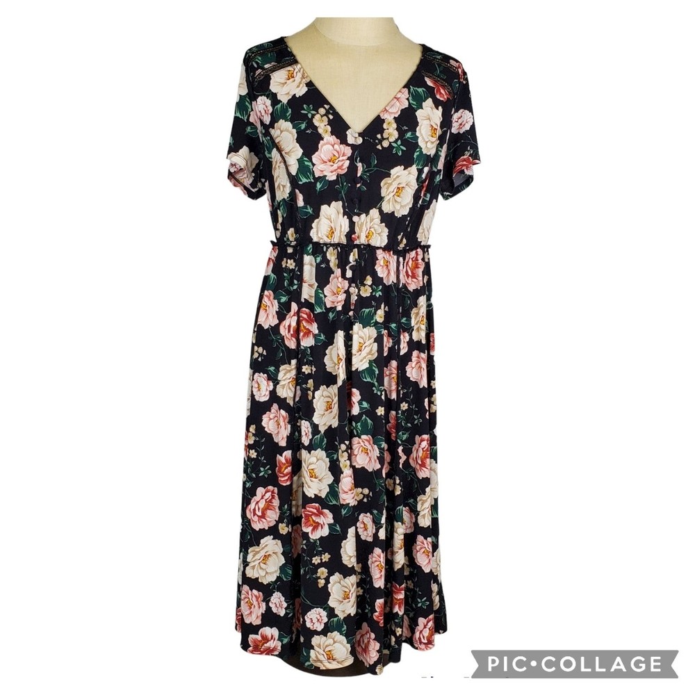 Torrid Black Floral Midi Studio Knit Button-Front Skater Dress Womens Sz L/12/0